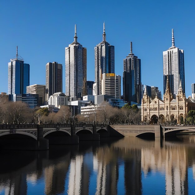 Photo a city skyline with a bridge and a bridge in the foreground