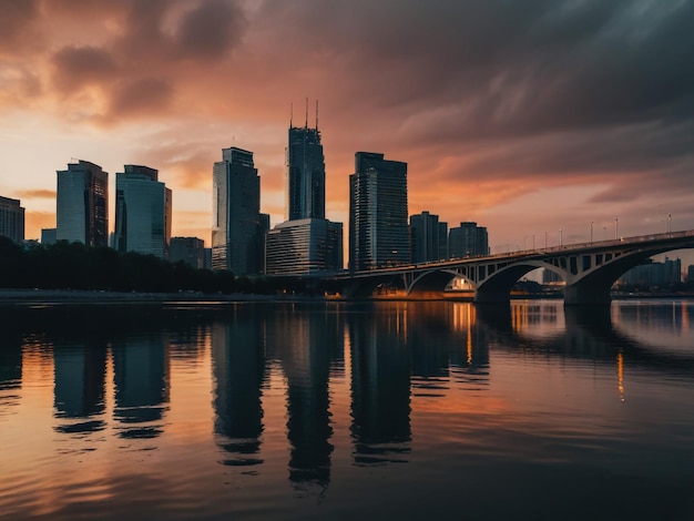 a city skyline with a bridge and a bridge in the foreground