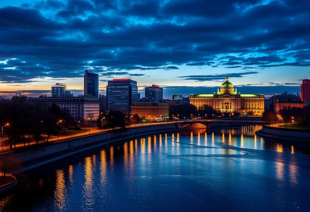 Photo a city skyline with a bridge and a bridge with a bridge in the background