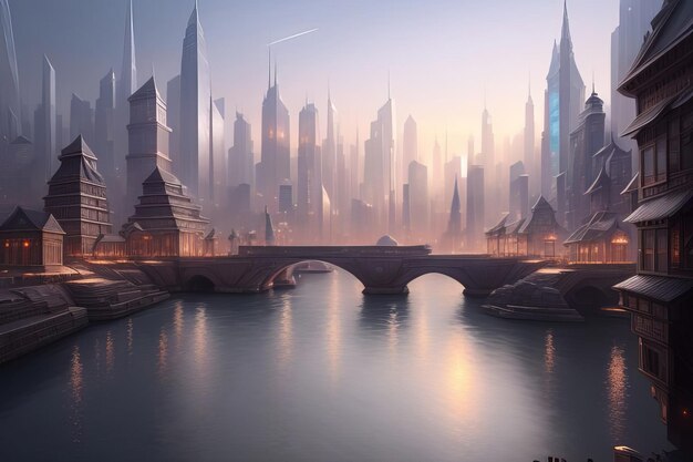 a city skyline with a bridge and a city in the background