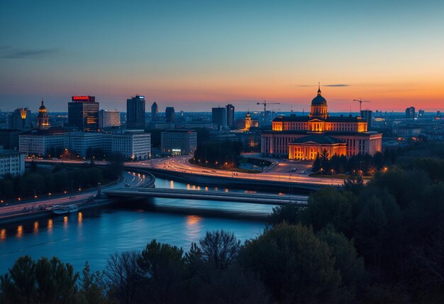 a city skyline with a bridge and a river in the foreground