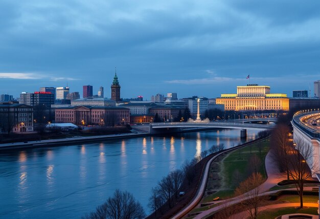 a city skyline with a bridge and river in the foreground