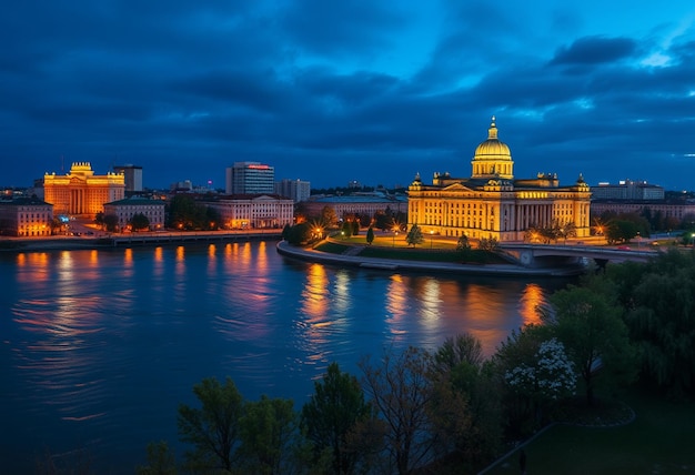 a city skyline with a bridge and river in the foreground