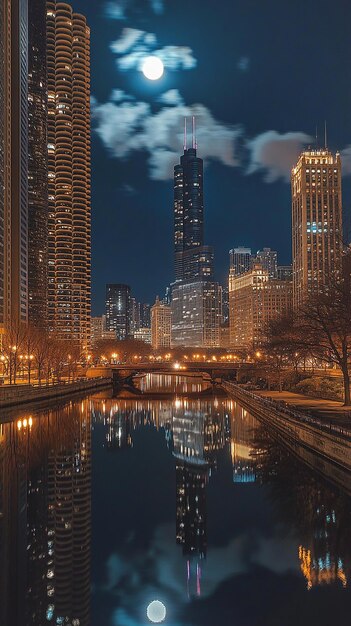 Photo a city skyline with a bridge and a river in the foreground