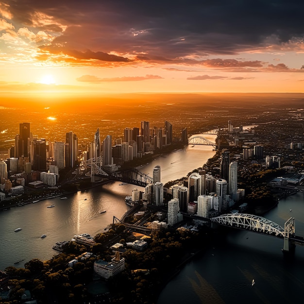 A city skyline with a bridge over a river and the sun setting in the background