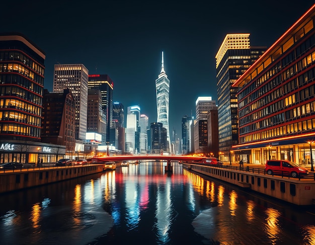 a city skyline with a bridge and a river with a bridge in the background