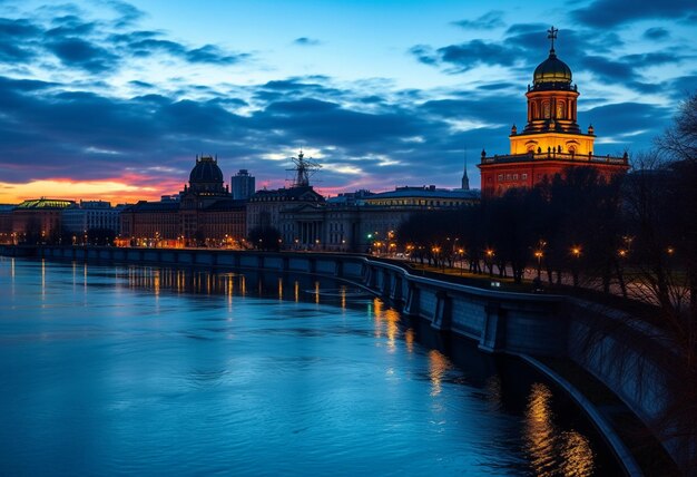 a city skyline with a bridge and river with a bridge in the background