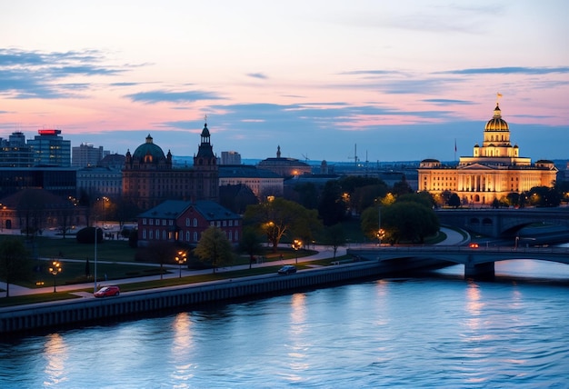 a city skyline with a bridge and a river with a bridge in the background