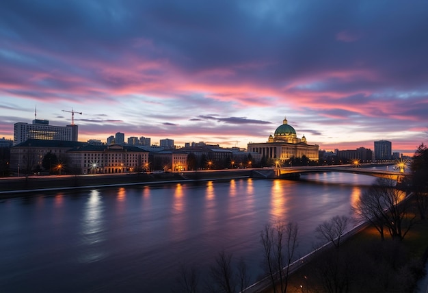 a city skyline with a bridge and a river with a bridge in the background