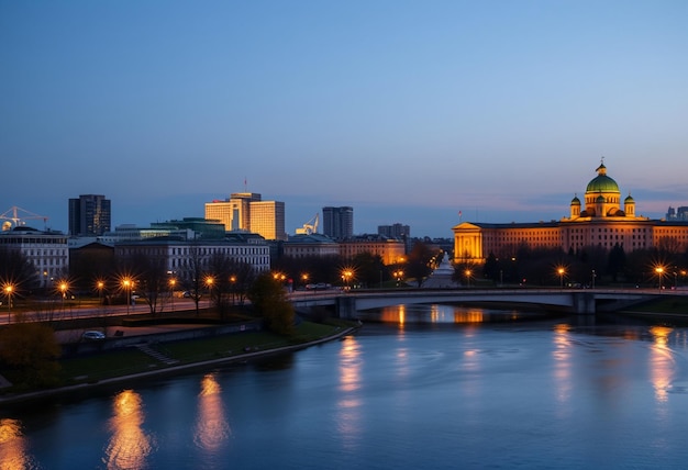 a city skyline with a bridge and a river with a bridge in the background