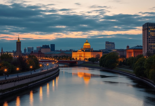 a city skyline with a bridge and river with a bridge in the background