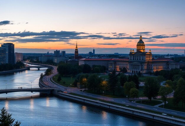 a city skyline with a bridge and river with a bridge in the background