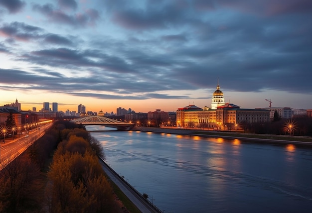 a city skyline with a bridge and a river with a bridge in the background