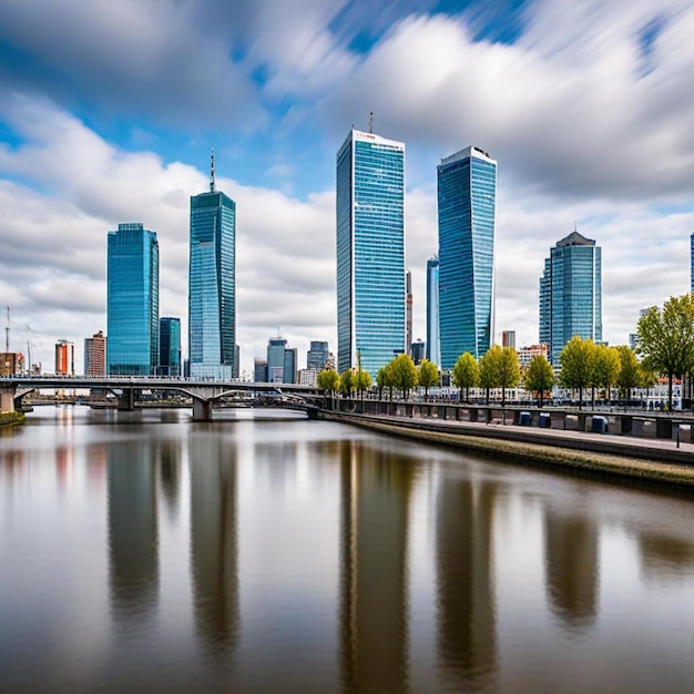 Photo a city skyline with a bridge and a river with a bridge in the background