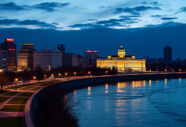 a city skyline with a bridge and a river with a bridge in the background