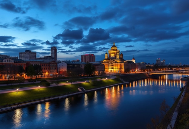 a city skyline with a bridge and river with a bridge in the background