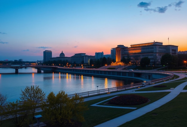 Photo a city skyline with a bridge and a river with a bridge in the background