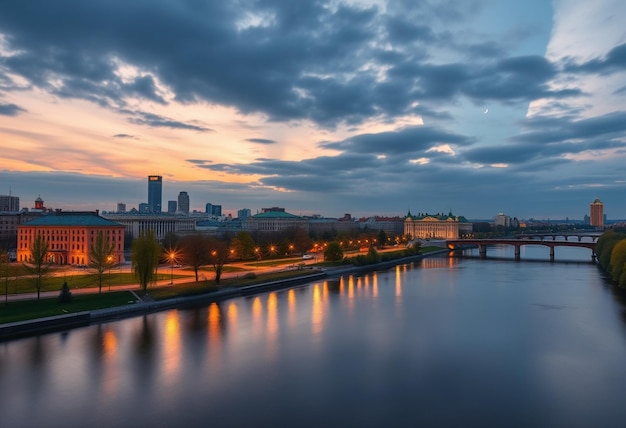 a city skyline with a bridge and a river with a bridge in the background