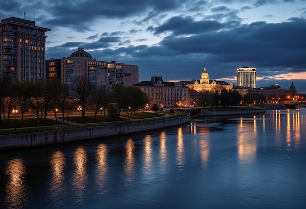 a city skyline with a bridge and a river with a bridge in the background