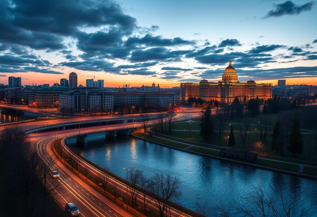 Photo a city skyline with a bridge and a river with a bridge in the background