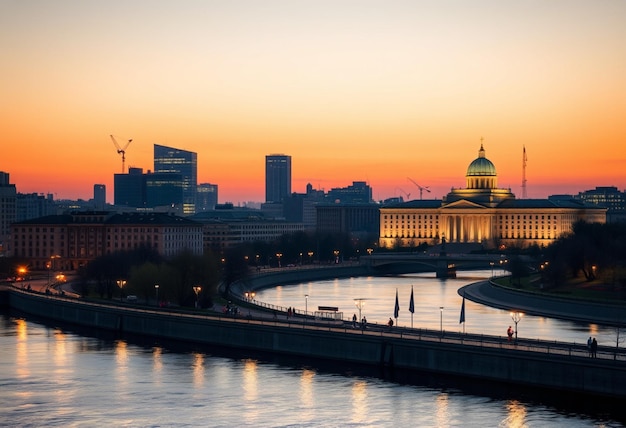 a city skyline with a bridge and a river with a city in the background