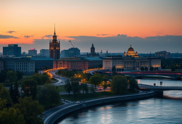 a city skyline with a bridge and a river with a city in the background