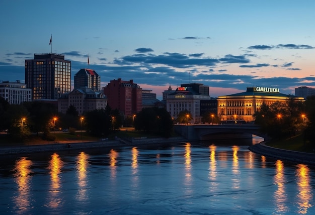 Photo a city skyline with a bridge and a river with a sign that says  bank