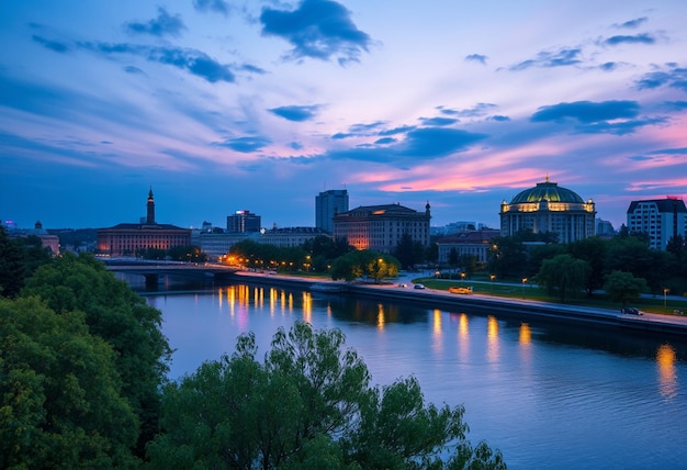 Photo a city skyline with a bridge and trees and a bridge with a city in the background