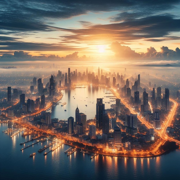 a city skyline with a city in the background and the water in the foreground