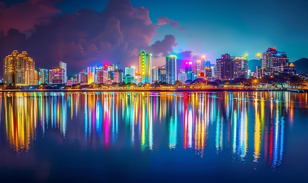 Photo a city skyline with the city lights reflecting in the water