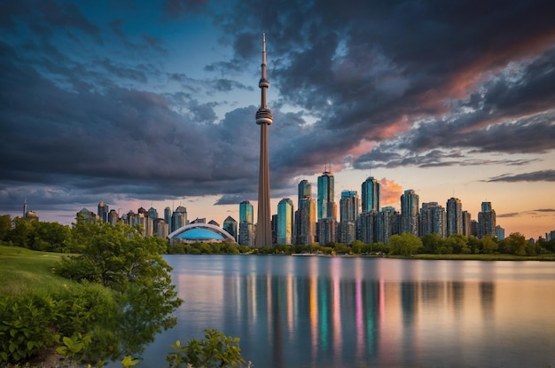 a city skyline with a cloudy sky and trees in the foreground