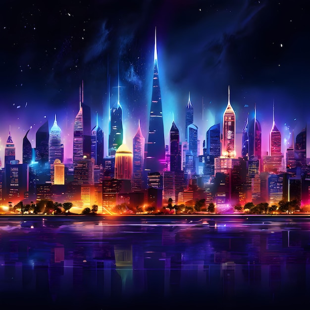 a city skyline with a colorful city in the background