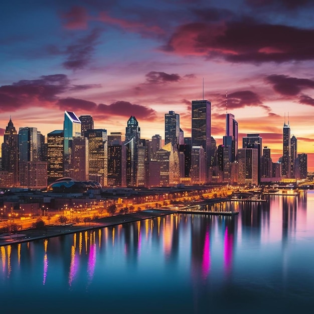 a city skyline with a colorful sunset in the background