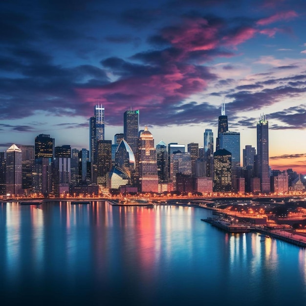 a city skyline with a colorful sunset in the background