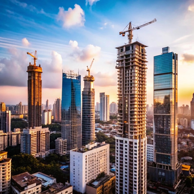 a city skyline with a crane and a building in the background