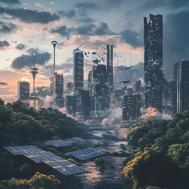 Photo a city skyline with a few birds flying over it