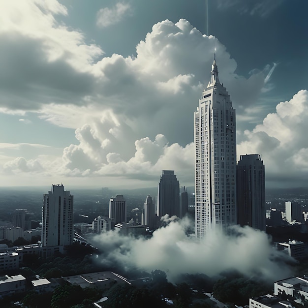 a city skyline with a few clouds and a city in the background