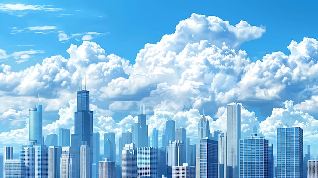 City skyline with fluffy clouds in a bright blue sky