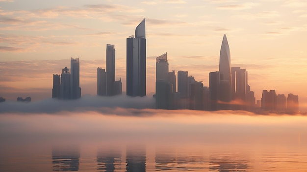 a city skyline with the fog in the background