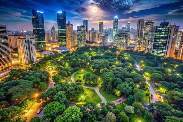 a city skyline with a full moon and a city in the background