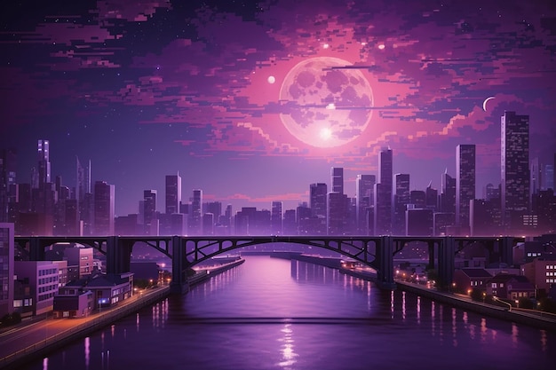 a city skyline with a full moon and a city skyline