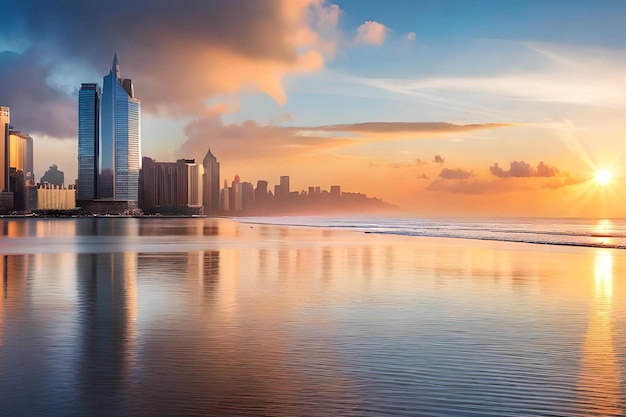 A city skyline with a golden sunset in the background