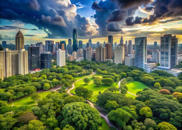 a city skyline with a green park and a city in the background