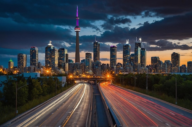 a city skyline with a highway and a bridge with the word futurist on it