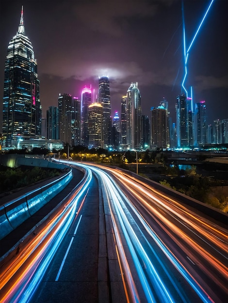 a city skyline with a highway and a car with a lightning bolt in the background