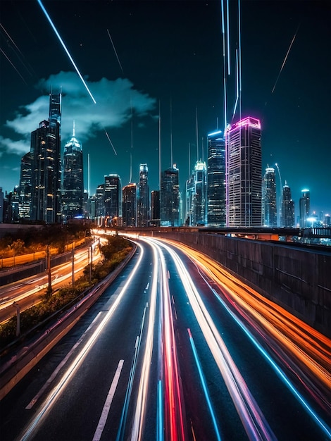 a city skyline with a highway and a car with a plane flying in the sky