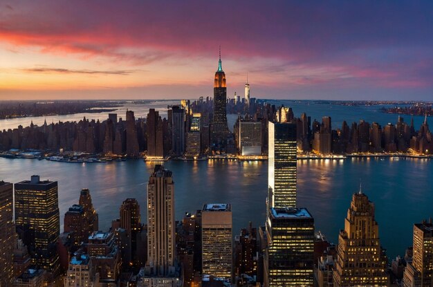 a city skyline with a lake and a city in the background