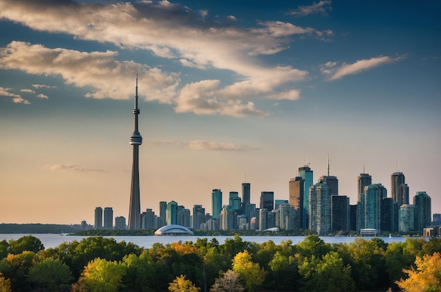 a city skyline with a lake in the foreground and a city in the background