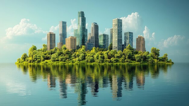 a city skyline with a lake and trees in the foreground