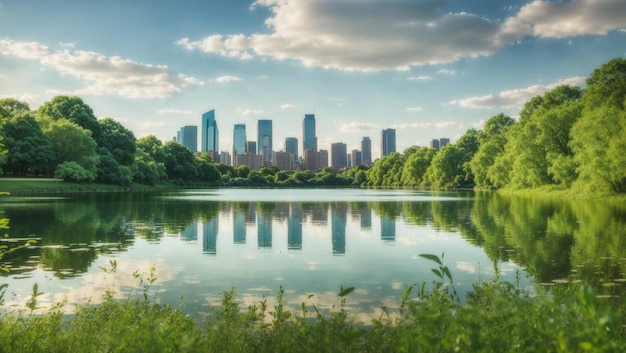 Photo a city skyline with a lake and trees in the foreground